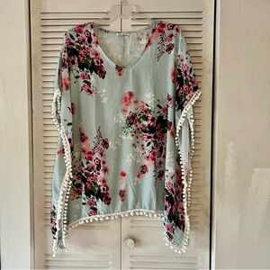 Chic Floral V-Neck Tunic with Pom-Pom Trim